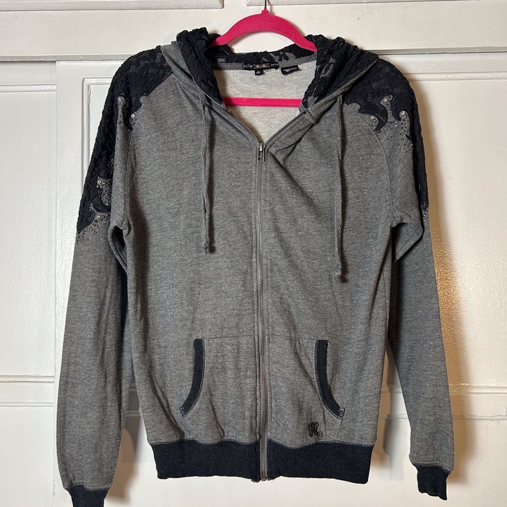 Miss Me Gray and Black Zip-Up Hoodie Lace Rhinestone Detail Large Y2K Cowgirl